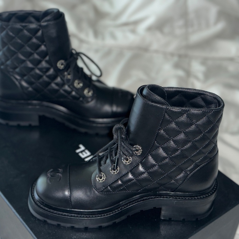 Chanel Shiny Lambskin Quilted Lace Up Combat Boots - Picture 3 of 13